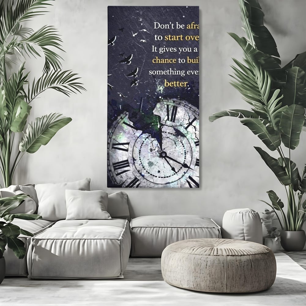 Tablou canvas cu tablou motivational cu ceas spart si pasarile zburatoare, fara rama, pe sasiu de lemn, pe perete intr-un living